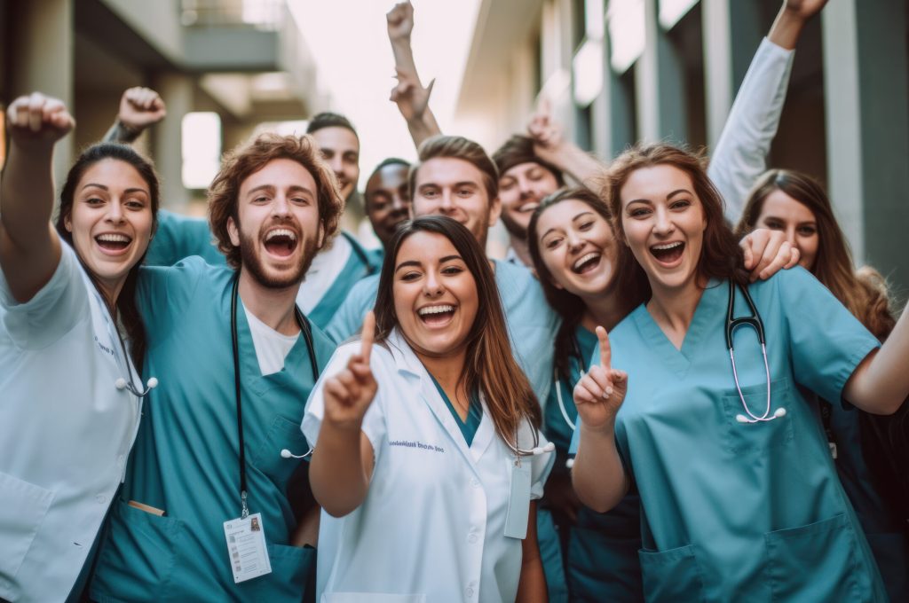 Celebrating medical education: Diverse team of students wearing nurse uniform cheers for joy